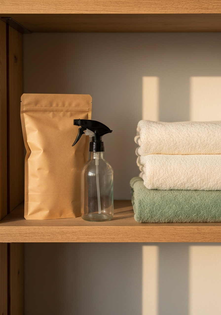 A kraft paper laundry powder envelope and glass spray bottle on a wooden shelf beside cream and sage linen towels.
